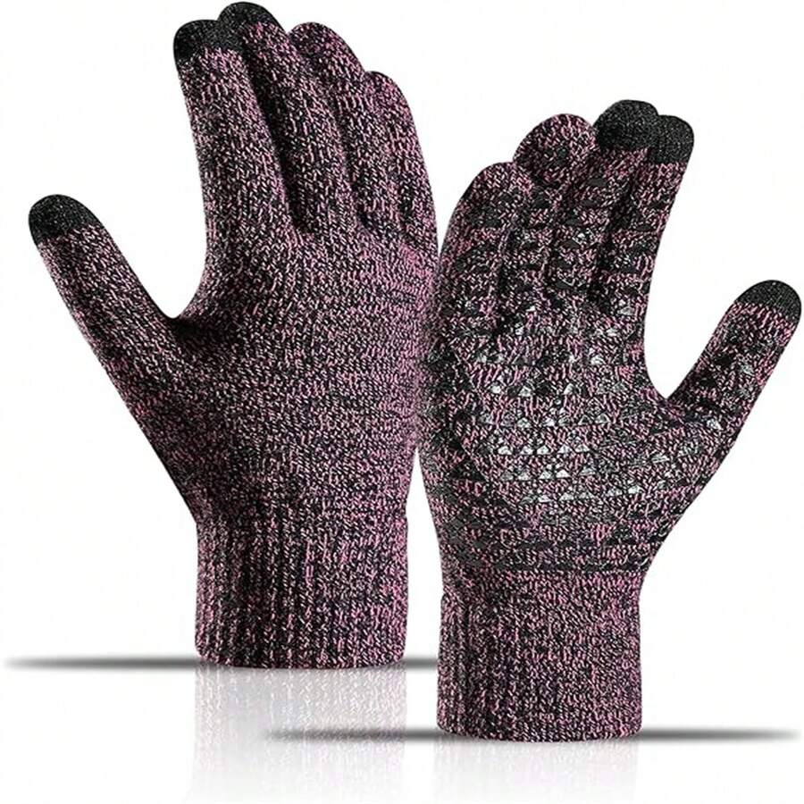 1對男女冬季手套-升級版觸屏冷天保暖針織手套,適用於跑步,開車,徒步旅行 - 玫紅色 - 查看 1