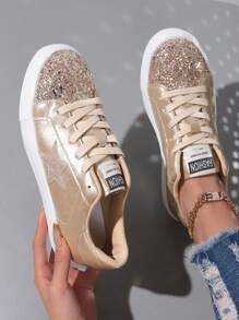 Neue sternförmige runde Band Schnürer Flache Schuhe, Retro glänzende glitzernde silberne Lässig Sneaker für Damen