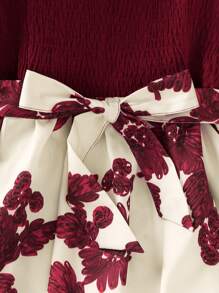 Tween Girls Sweet Retro Floral Print Lotus Leaf Long-Sleeved Square Neck Spring And Autumn Dress - Red - View 4