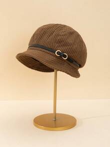 中性款韓國和日本單色黑、米色、咖啡、棕色編織漏斗帽，厚實內裡，帶時尚的皮質扣帶和多變風格，適合母親節、婦女節禮物 - 咖啡棕 - 查看 12