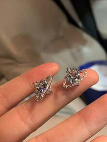 1 對簡約百搭女士宇宙與星球設計水鑽耳環 - 銀色 - 查看 2
