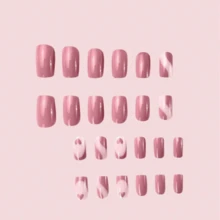 24入組按壓式假指甲,附果凍膠和指甲文件,短方形法式和粉色心形紋路設計升級你的風格,適用於女性/女孩日常穿著 - 彩色 - 查看 3
