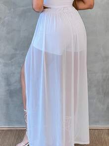 SAIA DE TULE BRANCA COM FENDA E SHORTS ANO NOVO PRAIANA CINTURA ALTA réveillon - Transparente - Visão 2