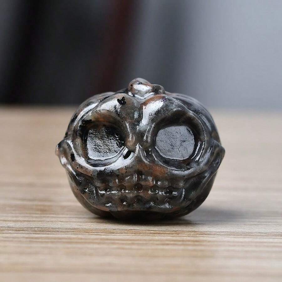 1入天然石雕南瓜頭骷髏用於節慶裝飾,創意假日禮物,黑曜石和火山石珠寶,家居裝飾,口袋水晶珠寶 - 火焰石 - 查看 1