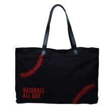 Oversized Woman Baseball Tote Handbag Casual Canvas Sports Mom Beach Travel Bag - Black - View 3
