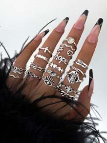 19-Piece Set Of Punk Cross Letter Fashion Rings Fun Evil Eye Multi-Element Ring Set - Silver - View 1