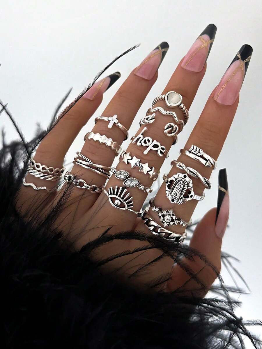 19-Piece Set Of Punk Cross Letter Fashion Rings Fun Evil Eye Multi-Element Ring Set - Silver - View 1