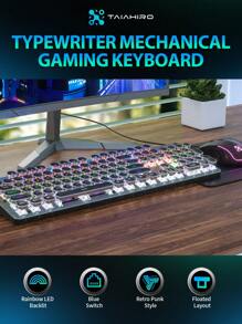 Taiahiro 機械遊戲鍵盤,滑鼠和滑鼠墊組合,打字機風格機械遊戲鍵盤,帶有 Rgb 背光的黑色復古朋克遊戲鍵盤,104 鍵藍色開關有線可愛鍵盤,適用於 Windows//pc 的圓形鍵帽 - 黑色 - 查看 6