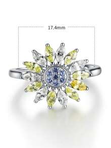 1pc 925 Sterling Silver Adjustable Simple Style Daisy Flower Design Colorful Cubic Zirconia Inlaid Ring - Silver - View 4