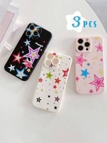 3pcs/Set Black, White, Pink Soft Silicone Phone Case With Different Star Patterns, Full Body Protective Cover With Camera Lens, Compatible With IPhone - Multicolor - View 1