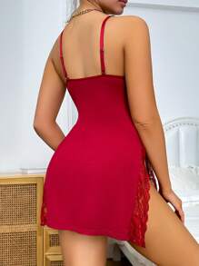 Women's Contrast Lace Cami Sleep Dress With Bowknot Decor And Slit Side, Christmas