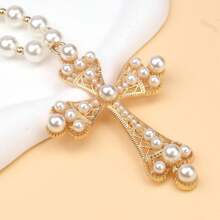 Pearl Necklace With Personalized And Cool Cross Pendant - Gold - View 5