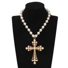 Pearl Necklace With Personalized And Cool Cross Pendant - Gold - View 6