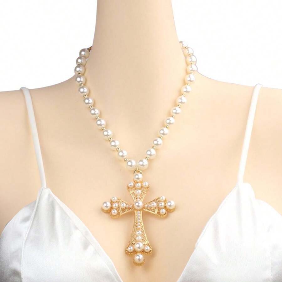 Pearl Necklace With Personalized And Cool Cross Pendant - Gold - View 1