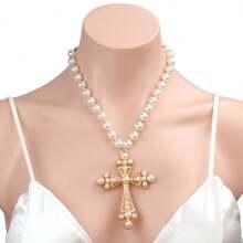 Pearl Necklace With Personalized And Cool Cross Pendant - Gold - View 2