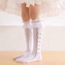 1 Pair Girls' Satin Bowknot Princess Mid-Calf Socks, Spring & Summer - White - View 3