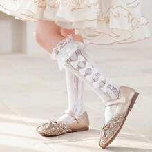 1 Pair Girls' Satin Bowknot Princess Mid-Calf Socks, Spring & Summer - White - View 2