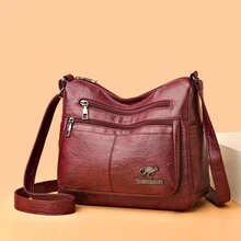 男女適用的多拉鍊大容量肩背包,時尚pu斜背包、單肩包、側背包、哈伯包,適用於旅行度假商務休閒,防水性,情人節男友禮物 - 紅色 - 查看 3