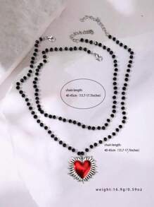 2 件套 Ins 风格个性化嘻哈波西米亚风爱心吊坠项链水晶串珠女士项链心形项链哥特式项链 - 黑色 - 查看 5