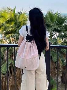 时尚通勤运动风尼龙休闲抽绳背包，大容量防水，可单肩背，适合徒步旅行 - 粉色 - 查看 4