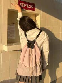 时尚通勤运动风尼龙休闲抽绳背包，大容量防水，可单肩背，适合徒步旅行 - 粉色 - 查看 2