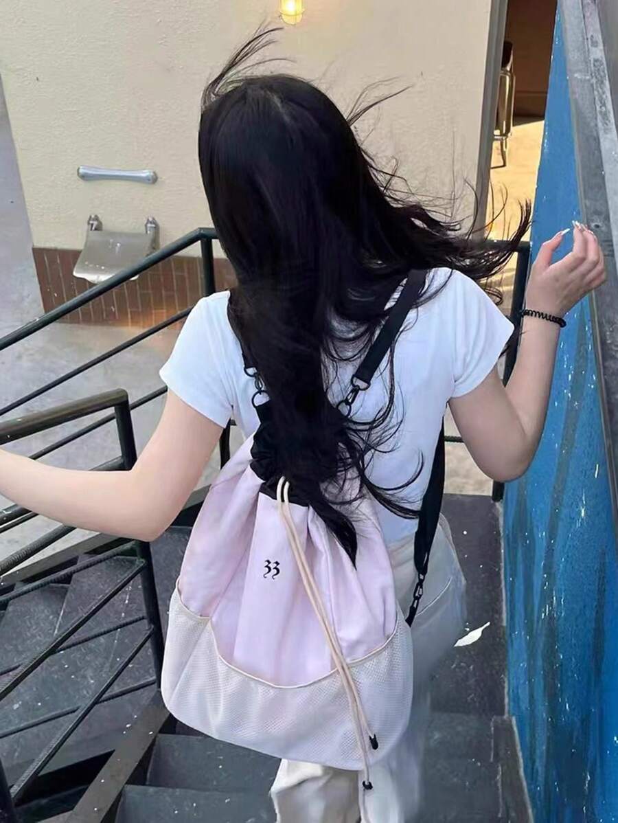 时尚通勤运动风尼龙休闲抽绳背包，大容量防水，可单肩背，适合徒步旅行 - 粉色 - 查看 1