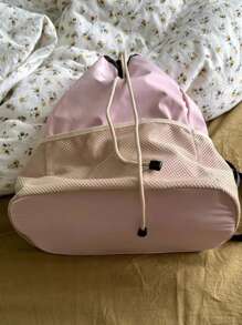 时尚通勤运动风尼龙休闲抽绳背包，大容量防水，可单肩背，适合徒步旅行 - 粉色 - 查看 5