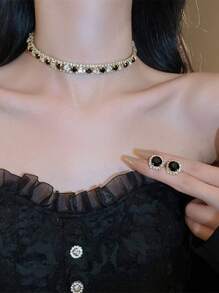 精緻的黑綠白水晶項鍊耳環套裝,適合女士婚禮宴會佩戴 - 時尚 - 查看 4