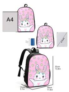 3入組卡通印花聚酯纖維背包,可調式肩帶和拉鍊封口,非常適合旅行、露營和戶外活動 - 粉色 - 查看 3