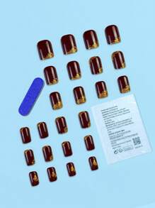 提升你的风格。24款优雅短方形可拆卸假指甲贴。简约商务风格亮片指甲贴，酒红色纯色，金色点缀。可穿戴美甲套装。短指甲专用粘合剂。适合女士和女孩。 - 彩色 - 查看 2