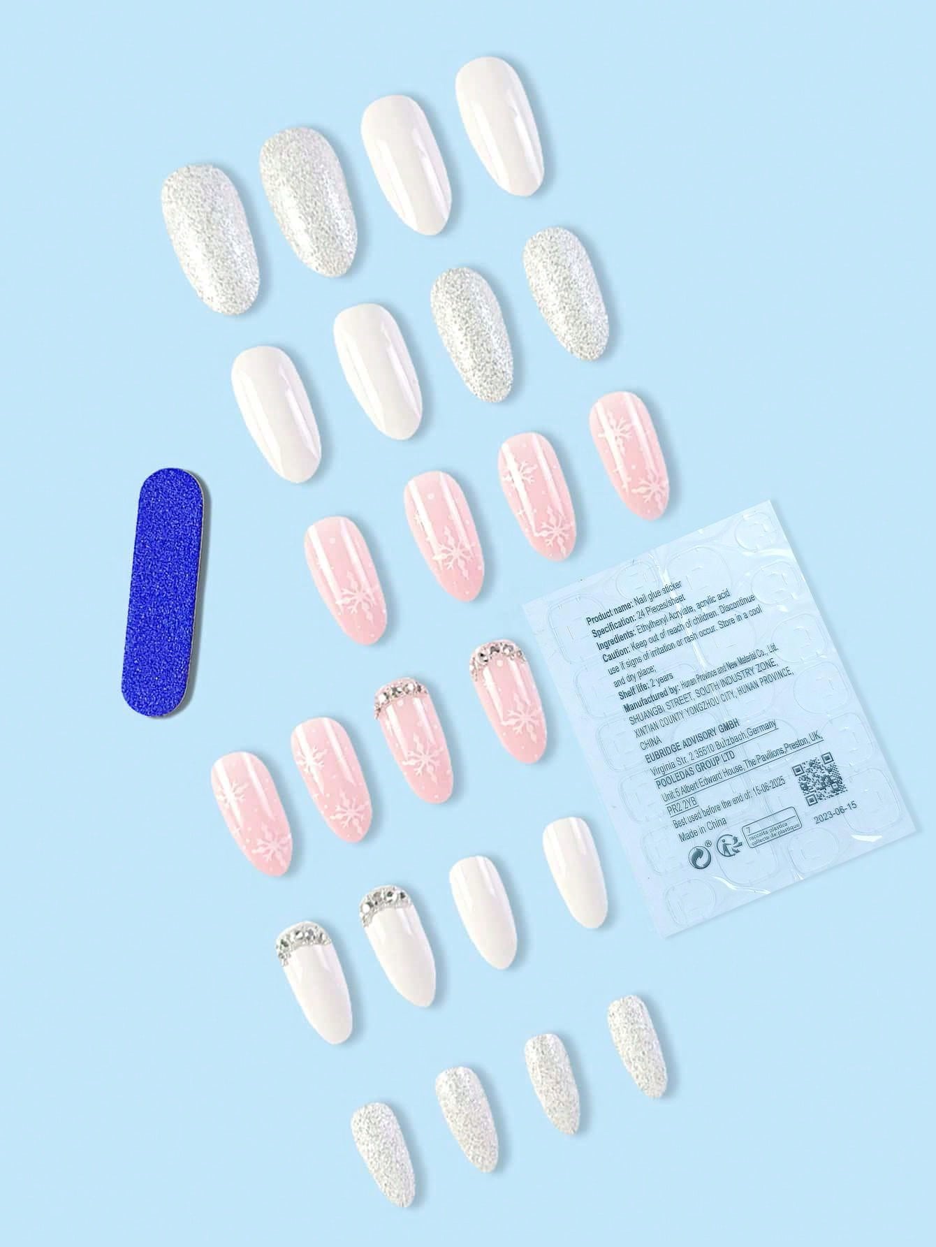 24pcs Long Oval Shaped Pink False Nails Elegant Christmas Nail Art Set