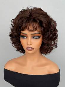 女性合成假髮棕色短卷曲帶有劉海,適合日常穿著