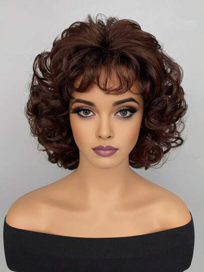 女性合成假髮棕色短卷曲帶有劉海,適合日常穿著