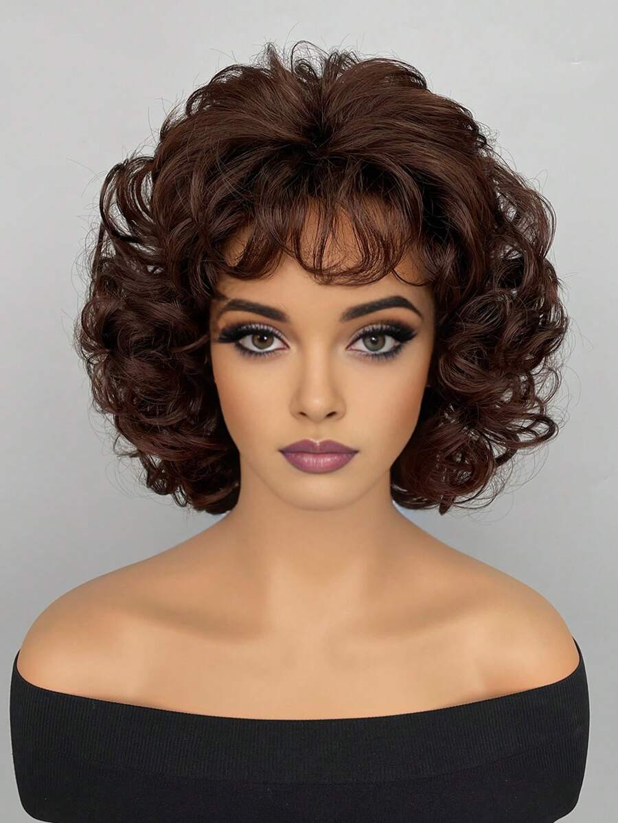 女性合成假髮棕色短卷曲帶有劉海,適合日常穿著