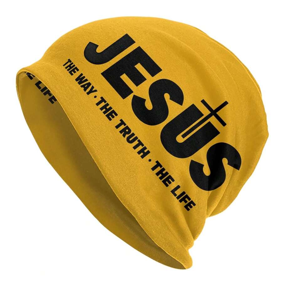 保暖的冬季帽子,上面印有jesus Christ The Way The Truth The Life,休闲风尚的 Skullies Beanies 帽帽,男女耳暖,送給男友的完美禮物 - 杏色 - 查看 1
