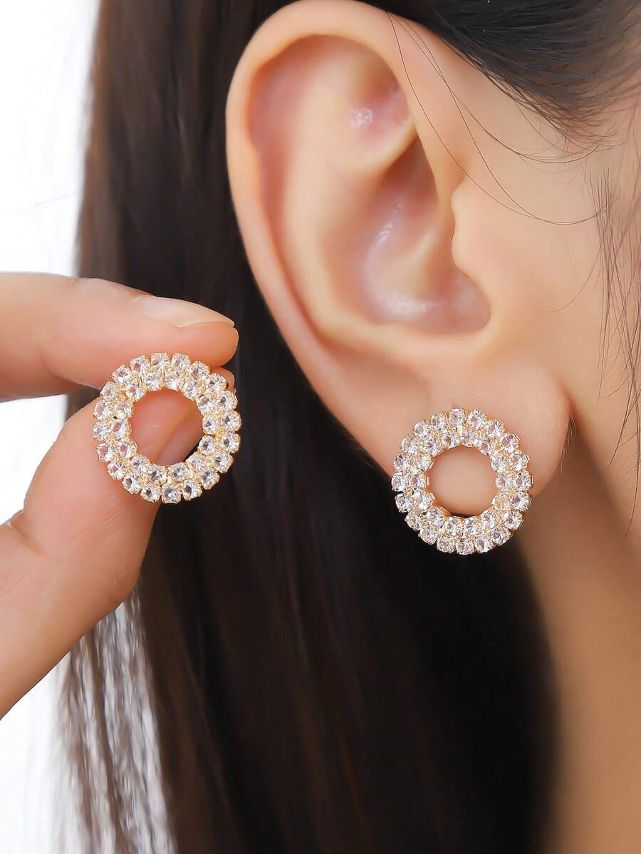 1 Par De Aretes Elegantes De Moda Con Diamantes De Imitación En Forma De Círculo Geométrico Para Mujeres Y Niñas, Uso Diario, Casual, Regalo De Cumpleaños - Amarillo Oro - Ver 1