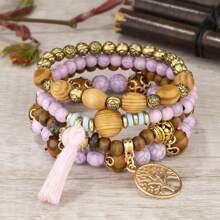 4pcs Vintage Bracelet Ladies Light Luxury Style Multi Color System Stone Tassel Multi Layer Beads Leaf Pendant Jewelry Gift - Purple - View 1