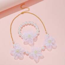 White Flower, Pearl Decor Princess Style Children's Necklace & Bracelet Set - White - View 1