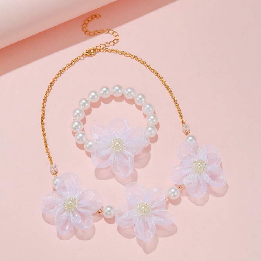 White Flower, Pearl Decor Princess Style Children's Necklace & Bracelet Set - White - View 1