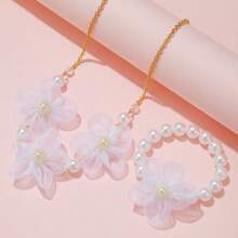 White Flower, Pearl Decor Princess Style Children's Necklace & Bracelet Set - White - View 4