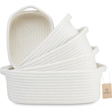 5-Piece Rectangle Storage Basket Set- Natural Cotton Rope Woven For Organizing! Small Basket For Montessori, Baby Nursery, Dog Toy Baskets, Cat Toy Box, Bathroom Organization Bin - 白色 - 查看 1