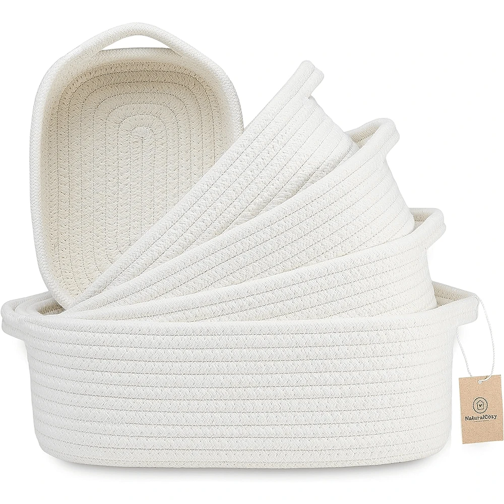 5-Piece Rectangle Storage Basket Set- Natural Cotton Rope Woven For Organizing! Small Basket For Montessori, Baby Nursery, Dog Toy Baskets, Cat Toy Box, Bathroom Organization Bin - 白色 - 查看 1