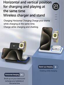 3 In 1 Foldable LED Fast Wireless Charger Stand Compatible With IPhone 14 13 12 11 Apple Watch Airpods Pro 8 7 Charging Station - White - View 7