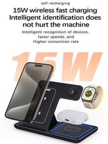 3 In 1 Foldable LED Fast Wireless Charger Stand Compatible With IPhone 14 13 12 11 Apple Watch Airpods Pro 8 7 Charging Station - White - View 5