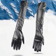 1對女款長肘晚宴派對柔軟皮手套女士保暖裡布冬季手套 - 黑色 - 查看 3