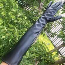 1對女款長肘晚宴派對柔軟皮手套女士保暖裡布冬季手套 - 黑色 - 查看 8