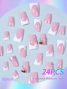 增強您的優雅，24入裝中長度鴨爪指甲，白色法國魔術閃光立體貼片假指甲套裝，包括指甲檔和果凍膠，適用於女士日常使用 - 彩色 - 查看 2