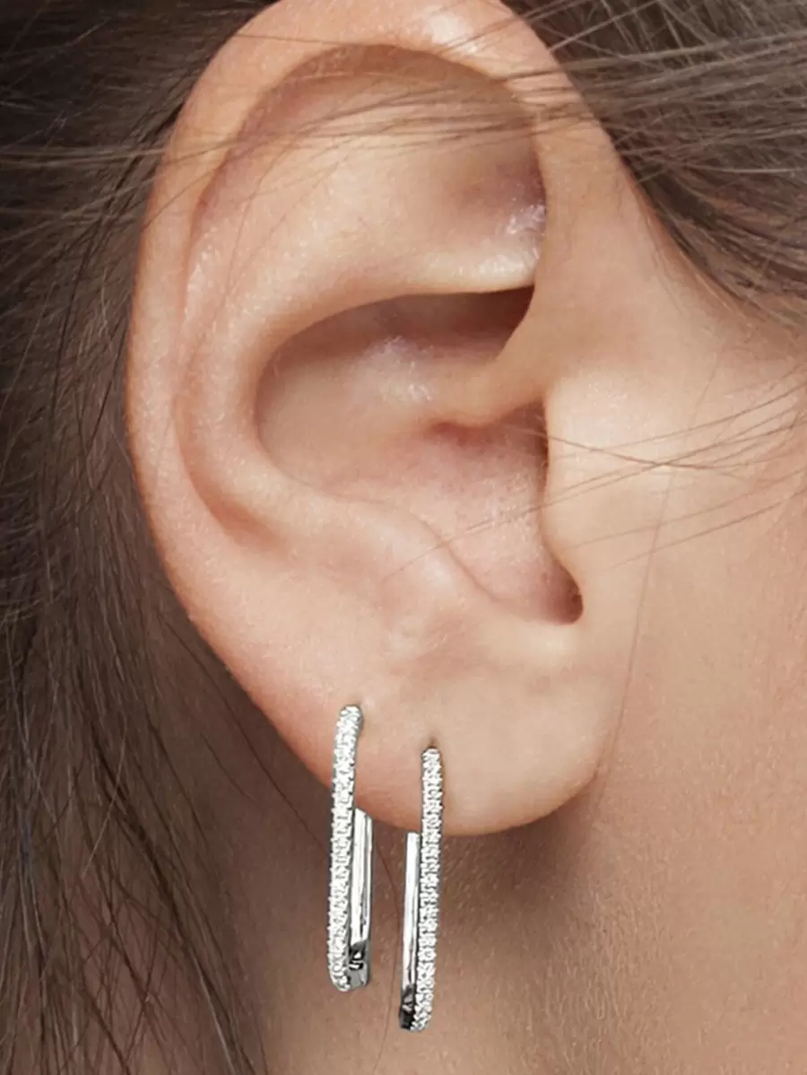 Cubic Zirconia Decor Silver Hoop Earrings