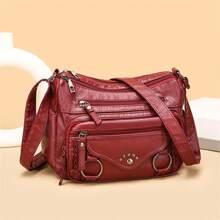 时尚 PU 单肩包，休闲斜挎包，奢华妈妈包，带铆钉装饰，适合日常通勤 - 紅色 - 查看 2