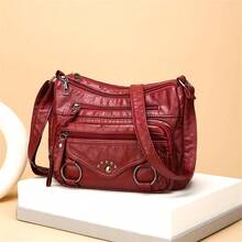时尚 PU 单肩包，休闲斜挎包，奢华妈妈包，带铆钉装饰，适合日常通勤 - 紅色 - 查看 3